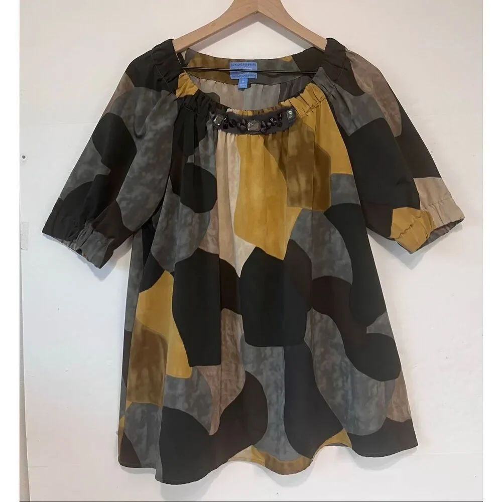 Simply Vera Vera Wang Earth Tone Block Pattern Blouse   Size M
